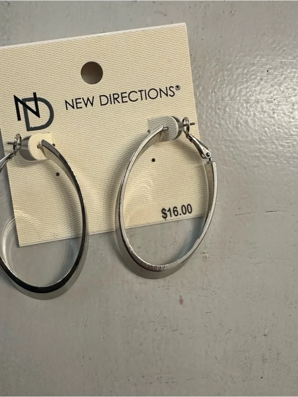 New Directions Women's Silver Elongated Oval Hoop Earrings with Post/Hinge NWT
